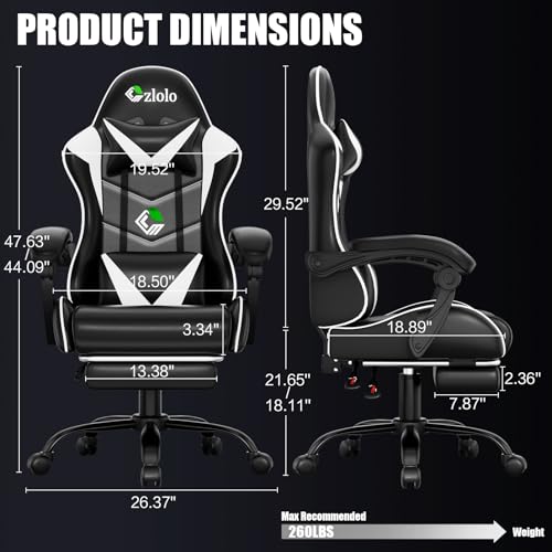 Gaming Chair with Footrest Racing Style Lumbar Support Massager Video Game Chair with Metal Legs, High Back Reclining Ga - Additional View
