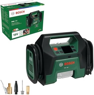 Bosch Akku-Kompressor PAO 18V (Zum Aufpumpen von Reifen bis hin zu großen Schlauchbooten; inkl. Reifenventil, Luftpumpenclip, französischem Ventil, Ballnadel, Volumenadapter)