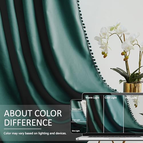 Image of Treatmentex Green Blackout Curtains for Bedroom 84 inch Pom Pom Windows Drapes Cute Decorative Triple Weave Thermal Insulated Curtain Drapes for Nursery Room Studio Hotel 52 inch w x2 Panels Rod Pocket