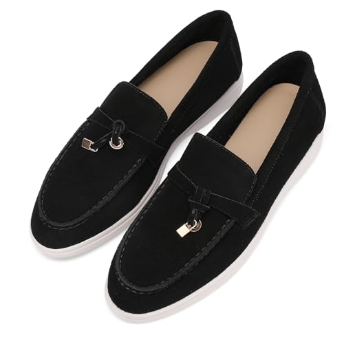 حذاء لوفر مسطح مريح للنساء من سيلبريز، بتصميم مقدمة دائرية من الشمواه خفيف الوزن وسهل الارتداء بتصميم كلاسيكي كاجوال للقيادة، أسود