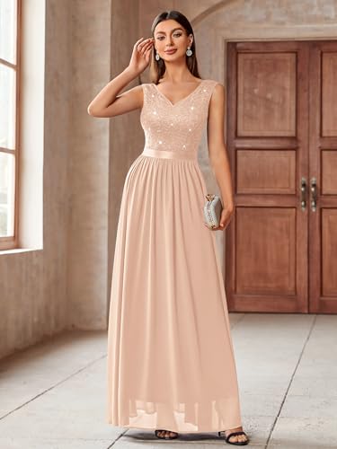 Image of Miusol Women's Sexy Deep V-Neck Sequin Lace Double Sleeveless Evening Party Maxi Dress