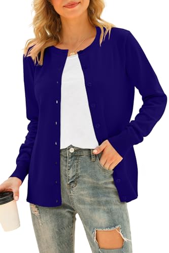 YUNDAI Womens Cardigans Long Sleeve Open Front Knitted Ladies Cardigan Button Round Neck Sweater for Women UK Lightweight Solid Color Jumpers, Large Blue