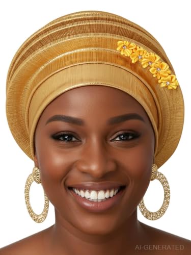 Woeoe Women Auto Gele Headwraps Gold Flower African Turban Pre Tied Beanie Caps Headwear (US Alpha One Size Large Gold)