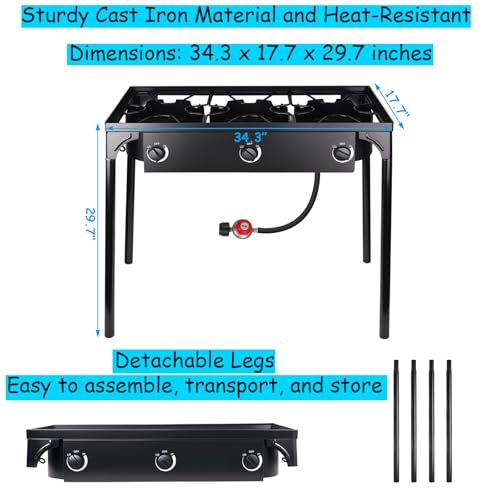 3 Burner Propane Stove Outdoor Gas Stove Portable Propane Burner High Pressure Camp Stove 225,000 BTU Stove Propane with Adjustable PSI Regulator and Detachable Legs for Camping Backyard Cooking