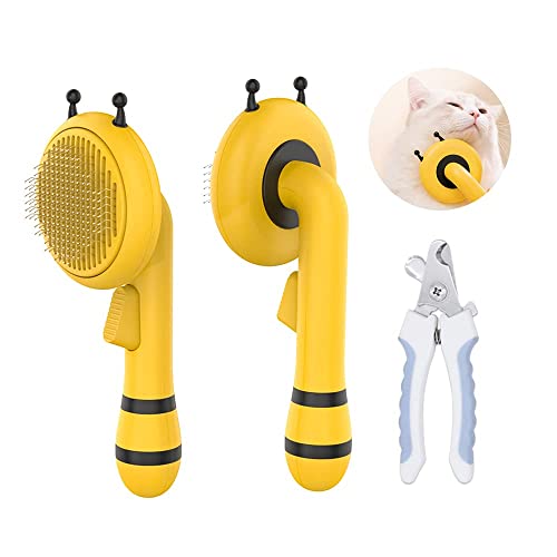 Self-Cleaning Slicker Brush, Hibucuo Little Bee Design Pet Grooming Brush, Shedding and Massaging Comb, Short and Long Hair Removal Tool for Cats & Dogs & Rubbit & Puppy, With FREE Pet Nail Clipper