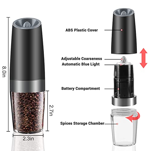 2Pcs Gravity Electric Salt And Pepper Grinder Set, Battery Powered Led Light One Hand Automatic Operation, Adjustable Coarseness Mill Grinders Shakers Black, Kitchen Gadgets Gift Ideas #TOP3