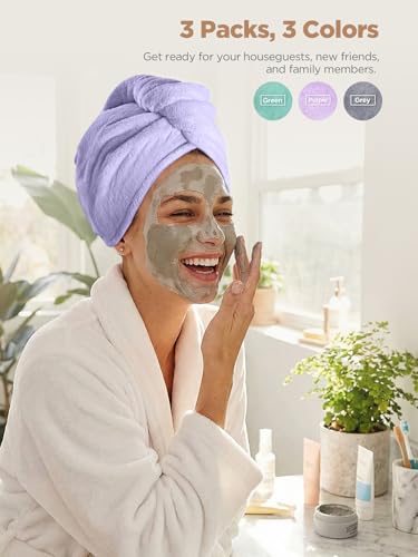 Hicober Microfiber Hair Turbans (3 Pack), Drying Hair Wrap Towels for Curly Women, Anti-Frizz (Green, Purple, Grey)