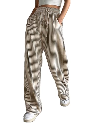 Womens 2025 Summer Lightweight Casual Striped Wide Leg Pants Drawstring Elastic Waist Palazzo Trousers Pants