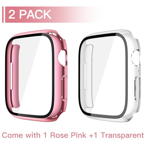 Image of Misxi [2 Pack] Waterproof Hard Case with Tempered Glass Compatible with Apple Watch Series 11 (2025) Series 10 42mm, Overall Protective Cover for iWatch Screen Protector, 1 Rose Pink + 1 Transparent