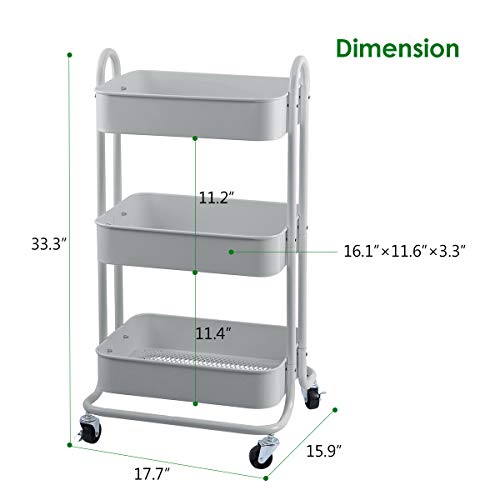 Melody House 3-Tier Metal Mesh Utility Rolling Cart Storage Organization Cart with Wheels, Light Gray