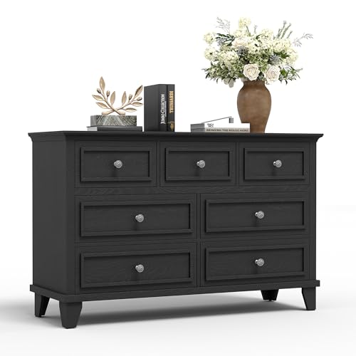 GarveeHome Black Dresser for Bedroom, 7 Drawer Dresser, Wooden Chest of Drawers with Deep Drawers, 47 in Long Dressers TV Stand, Modern Dressers Organ