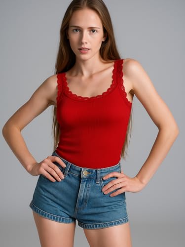 Image of Hicarer 6 Pieces Lace Camisole Tank Tops Lace Trim Camisole Straps Womens Cami Undershirt Ribbed Tank Tops for Women