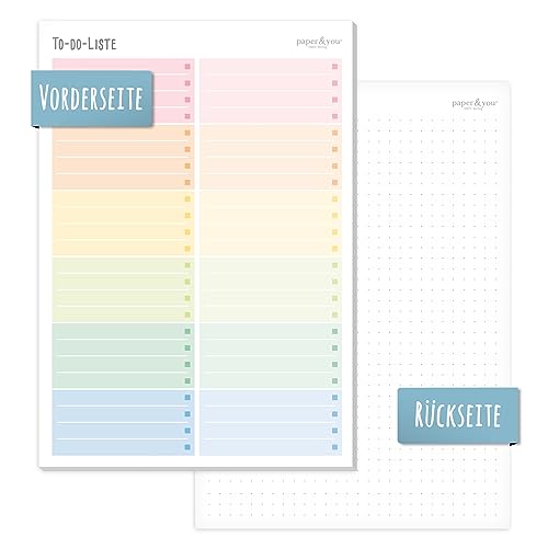paper&you® A5 To-do Listen Block 'Rainbow' 50 Blatt inkl. Notizblock auf der Rückseite - nachhaltig & klimafreundlich