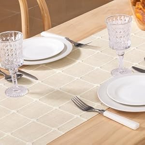 Socomi Farmhouse Table Runner 60 inches Macrame Plaid Coffee Table Runner Cotton Rustic Fall Thanksgiving Table Runner with Tassels for Boho Home Decor Dining Living Room 13×60 inches Beige