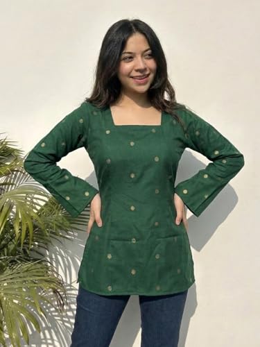 Image of ANNI Designer Women's Viscose Blend Printed Short Kurti | Straight Fit Ethnic Top with Square Neck | Bell Sleeve Indian Kurta for Office College, Party