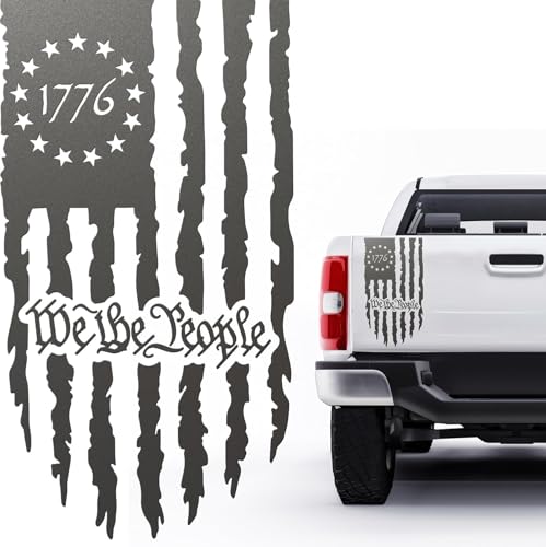 Image of GRITKULTURE We The People Distressed American Flag Decal Vinyl for Trucks, Cars, Tailgate, Windows Preamble of The US Constitution fits Most Pickup Trucks-Rear USA Flag Car Sticker (Metallic Grey)