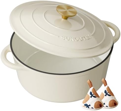 Enameled Cast Iron Dutch Oven - 7.5QT Pot with Lid & Cotton Potholders - Heavy-Duty Cookware for Braising, Stews, Roasting, Bread Baking, Oven Safe up to 500° F & Across All Cooktops, Cream White - Thumbnail 3