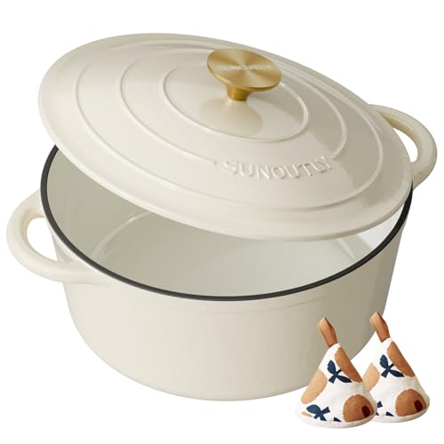 Enameled Cast Iron Dutch Oven – 6QT Pot with Lid & Cotton Potholders – Heavy-Duty Cookware for Braising, Stews, Roasting, Bread Baking, Oven Safe up to 500° F & Across All Cooktops, Cream White