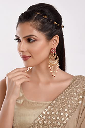 Efulgenz Indian Earrings for Women Chandelier Indian Jewelry Bollywood Antique Floral Crystal Kundan Beaded Faux Pearl Tassel Big Dangle Chandelier Long Earrings Set4