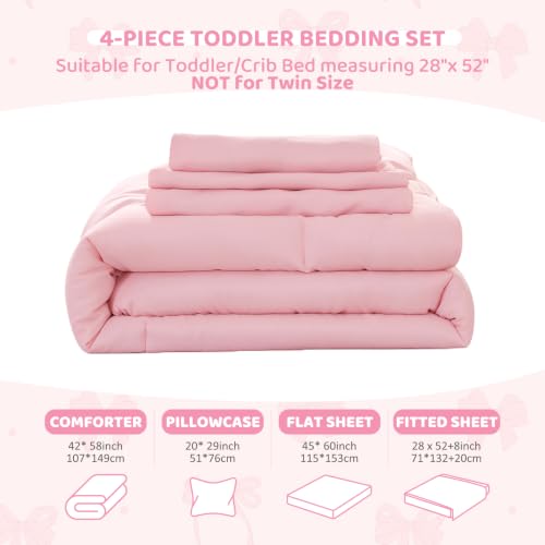 Image of Toddler Bedding Set for Girls, 4 Piece Double Ruffles Super Soft Toddler Bed Set with Boho Toddler Comforter Sheet Set, Fitted Sheet, Flat Sheet and Pillowcase, Light Pink