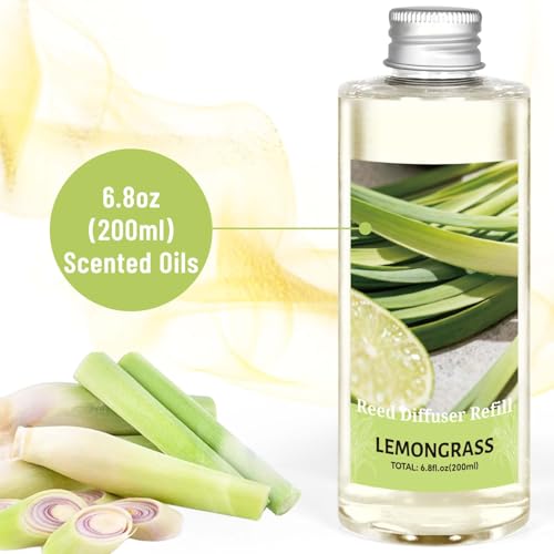 Image of STRN Reed Diffuser Essential Oil Refill, Lemongrass Scent 200ml with Sticks, Long-Lasting Aromatherapy, Summer Fragrance Liquid with Eco-Friendly Bottle for Home, Bedroom, Spa