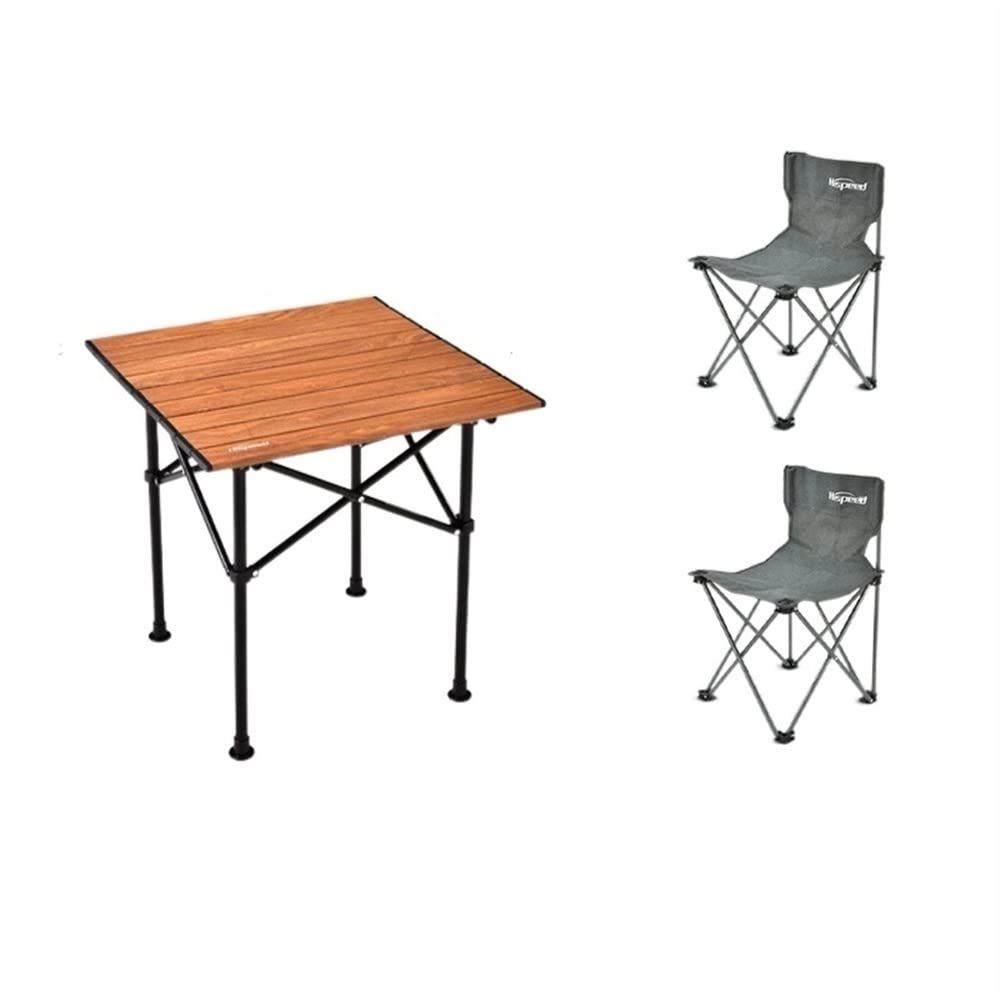hispeed Outdoor Trumpet Wood Grain Black Three-Piece Set Folding Table Chair Aluminum Alloy Portable Barbecue Table (Color : Woodgrain, Size : 1)