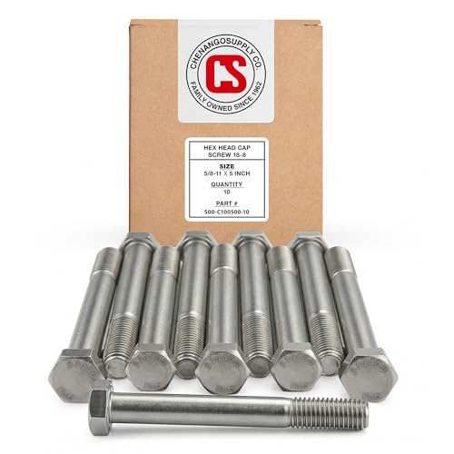 Image of Chenango Supply 5 /8-11 x 5 Stainless Steel Hex Head Bolts | 304 Stainless, USS Coarse Thread, 100,000-125,000 PSI Tensile Strength, Corrosion-Resistant Hardware Bolts, (10 Pieces)