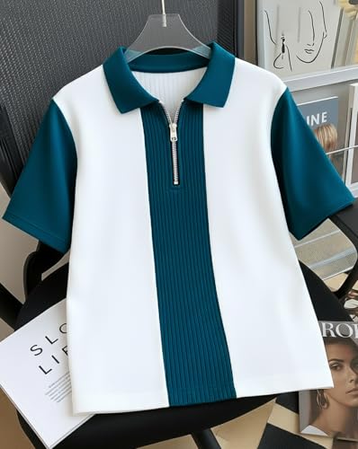Image of AUSK Men's Retro Cable-Knit Quarter-Zip Polo | Premium Textured Self-Design Half Sleeve T-Shirt for Men