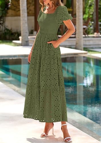 Image of PRETTYGARDEN Summer Dresses for Women 2026 Eyelet Square Neck Puff Sleeve Smocked Wedding Guest Maxi Dress with Pockets