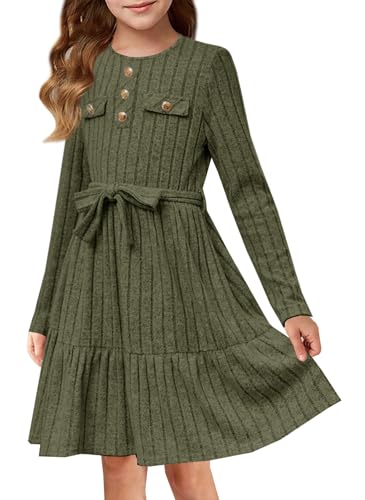 YOVION Girls Fall Long Sleeve Dress Knit A-Line Ruffle Tiered Holiday Casual Sweater Dresses with Belt for 6-12 Y