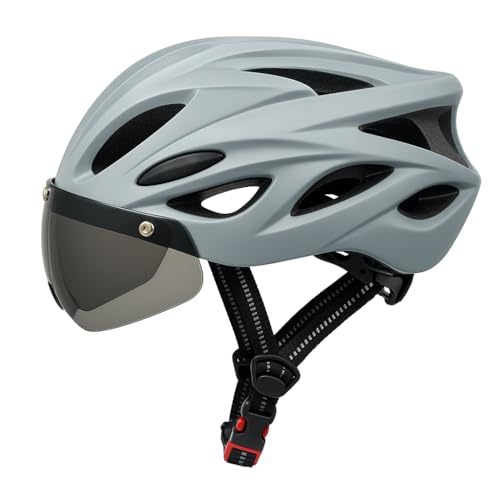 Image of Lista Adults Bike Bicycle Helmet Cycling /Climbing /MTB /BMX Adjustable with Removable Shield Visor /Safty Rear Led Light for Road Men&Women (Grey)