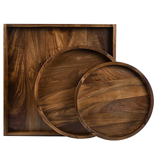 KINGCRAFT 3 Set Round and Square Wooden Tray Ottoman Tray with Handles Handmade Black Walnut Wooden Tray FSC Natural Serving Tray Vintage Decorative Platters for Kitchen