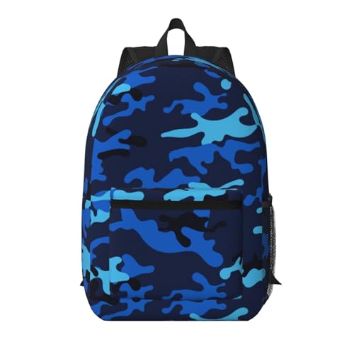 Camouflage Blue Camo Fashionable Daypack 17 Inches Zippers Backpack Double Shoulder Bag for Women Men