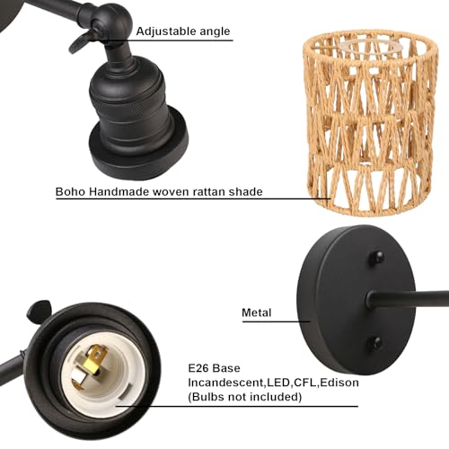 Image of Yosoan Rattan Boho Wrapped Wall Sconce Light, Indoor Hardwired Hand-Woven Farmhouse Vintage Wall Lamps, Brass Handmade Braided Rope Small Straight Shade Wall Mount Fixture for Reading Hallway(Black)
