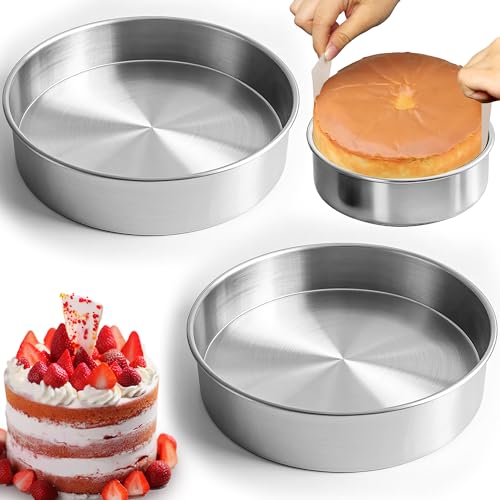 Fcgbdbz 8 Inch Cake Pan Set of 2, Stainless Steel Baking Pan Round Cake Mold for Layered Cakes, No Coating Smash Cake Pans Cake Mold, Mirror Finish Dishwasher Safe Cake Pans Sets for Baking