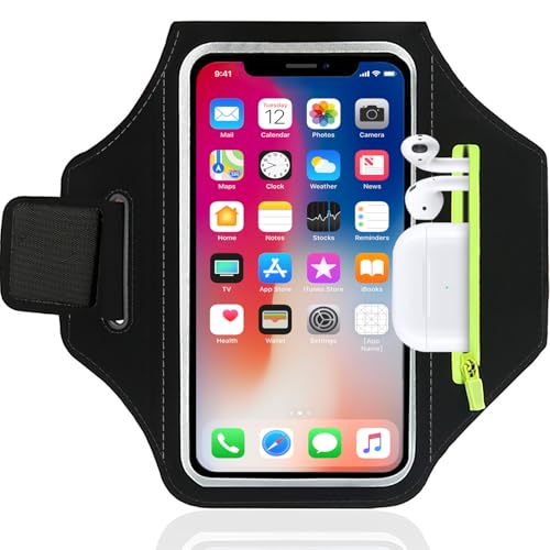 Rusoz Running Phone Holder Armband, Adjustable Sweatproof & Secure Phone Sports Arm Strap for iPhone 16 15 14 13 12 Pro, Arm Band with Key Bag (Black)