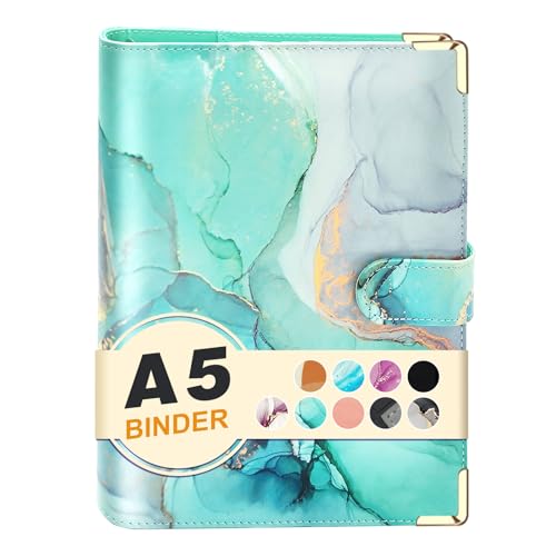 A5 Refillable 6 Ring Faux Leather Budget Binder Mini Notebook Binder Cover for A5 Filler Paper Loose Leaf Personal Planner Cover with Magnetic Buckle Closure (Marble Green)