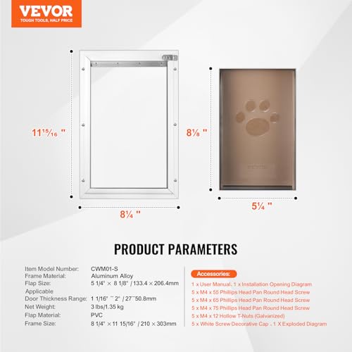 VEVOR Haustierklappe Hundeklappe aus Aluminiumrahmen mit Schloss & Klappensystem 210 x 303 mm, wetterfeste Hundeklappe Haustiertüre geeignet für Katzen Hunde Kätzchen (Weiß-S) einfache Montage
