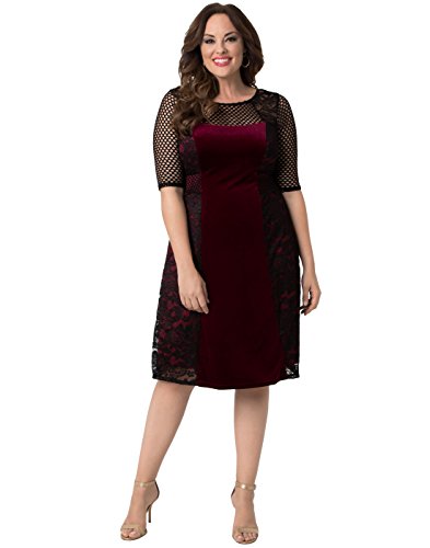 Kiyonna Women's Plus Size Mixed Lace Cocktail Dress 1X Black Lace with Bordeaux Lining