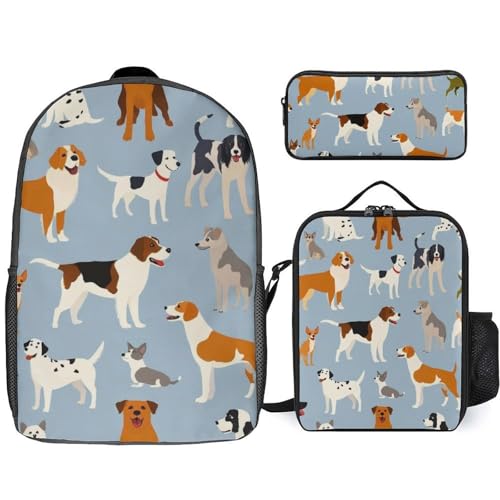 3PCS Backpacks Set, Large Capacity Travel Daypack 17 Inch Cute Different Dogs Insulated Lunch Bag Lightweight Compact Pencil Pen Case