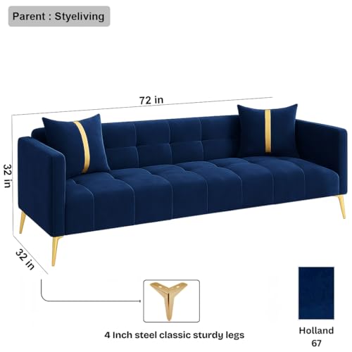 Image of FURNY Styliving 3 Seater Velvet Fabric Sofa Set (Blue) with Golden Finish Legs | Durable & Comfortable | Ideal for Living Room