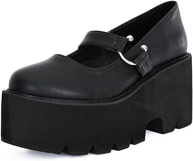 レディース プラットフォーム メリージェーン シューズ ビンテージ ラウンドトゥ バックルストラップ カジュアル スリッポン ウォー