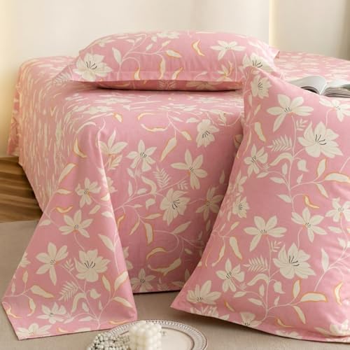 Marrow Lane 300 TC Soft Air Cotton Double Bedsheet | Magnolia Blush | Flatsheet with 2 Pillow Covers | Large Botanical Floral Print (228.6 × 254 cm, Pink & Ivory)