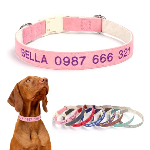 Collar de Perro Personalizado, Collar De Perro Bordado Suave Ajustable Con Hebilla De Cuero De Gamuza Perros Collar Con Nombre Y Número De Teléfono Para Todos Los Tamaños De Perro Collar Para Perros