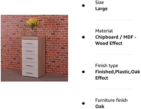 DRP Trading White & Sonoma Oak Tall Boy Chest of 5 Drawers Bedroom Furniture - Narrow Slim Draw