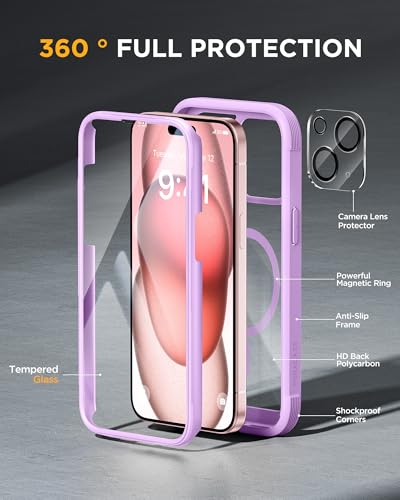 Image of Miracase Magnetic for iPhone 15 Plus Case 6.7'' [Compatible with Magsafe] Full-Body Military Drop Proof 15 Plus Phone Case Cover with Built-in 9H Tempered Glass Screen Protector,Light Purple