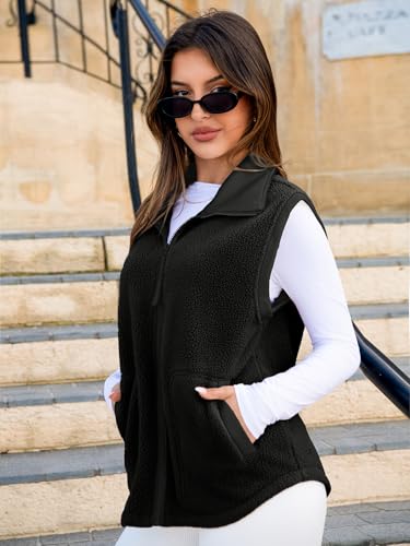 Glamaker Womens Fuzzy Sherpa Fleece Vest Casual Sleeveless Outerwear Travel Zip Up Jacket Lightweight Warm Gilet With Pockets4