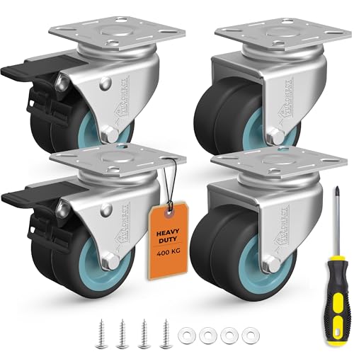 YUCONECT Ruedas para Muebles Pesados con 2 Freno de 50 mm hasta 400kg + Destornillador, Tornillos y Arandelas - Ruedas para Palets con Movilidad Suave y Seguro. ¡Incluye Kit Completo de Montaje!