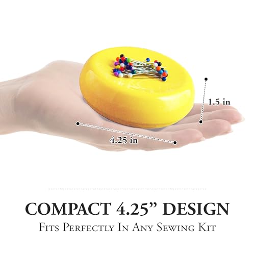 Image of Grabbit Magnetic Sewing Pincushion with 50 Plastic Head Pins - Magnet Pin Organizer for Quilting, Embroidery, Needles, Bobby Pins, & Craft Storage, Yellow