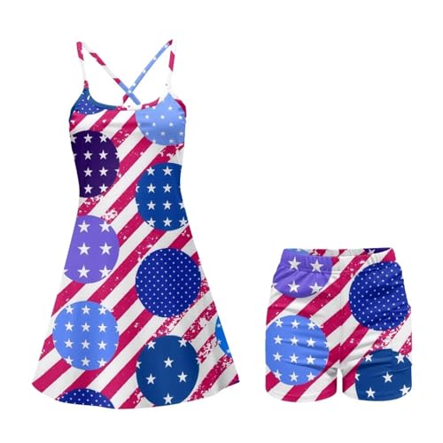 Women's Tennis Dress with Built-in Shorts and Pockets USA Flag Print Sleeveless Athletic Golf Outfit for All-Day Comfort